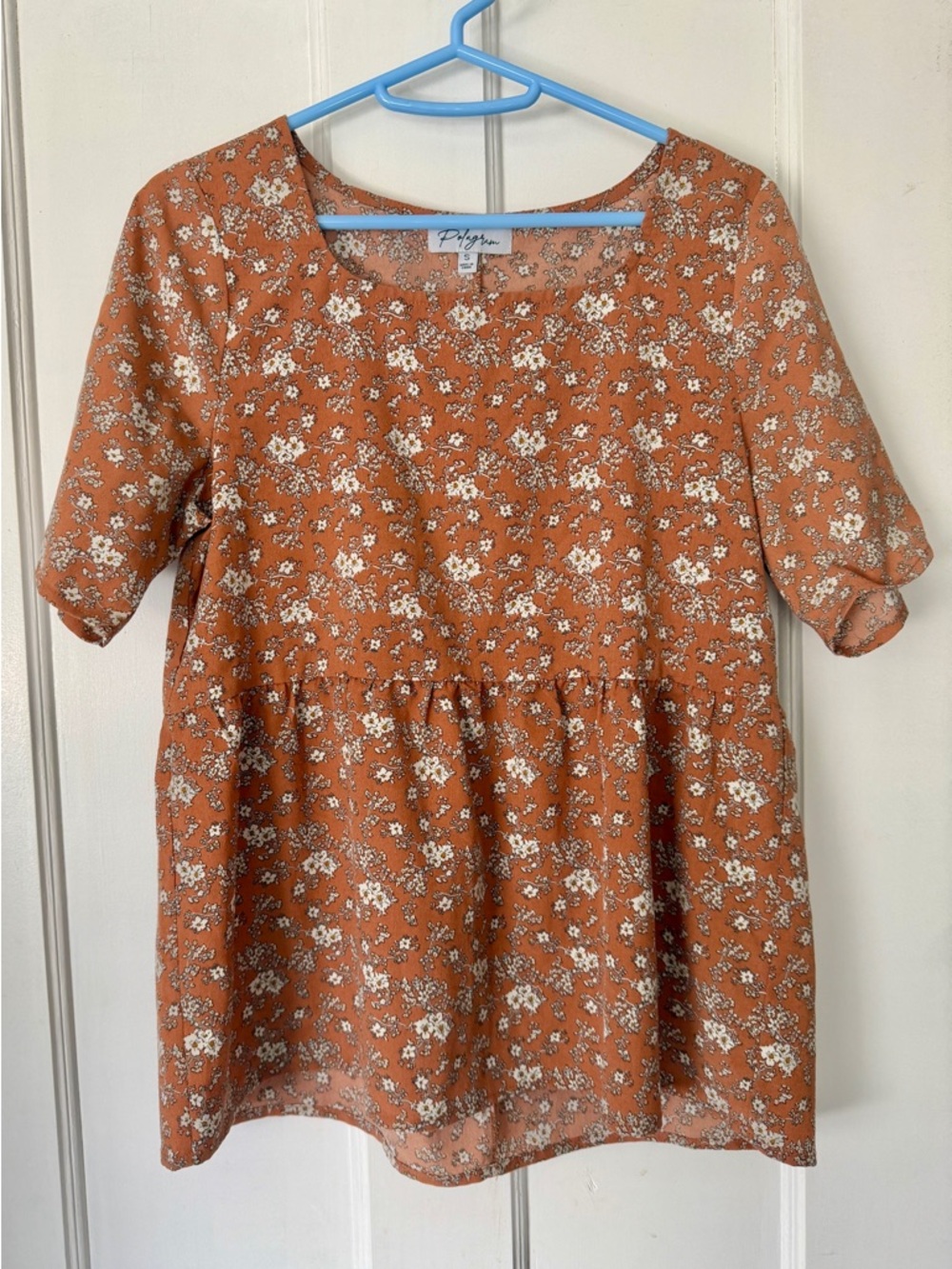 Polagram Women’s Small Rust Brown Floral Blouse Summer Shirt Boho 70s Hippie